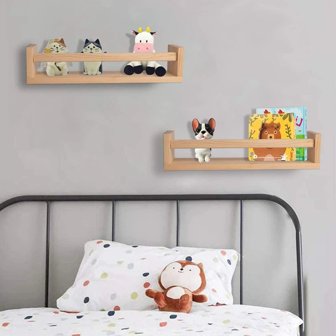 2Pcs Natural Wood Floating Wall Bookshelf for Kids - Nursery Room Shelves - LearnLark Montessori