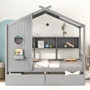 Full Size House Bed with Storage Drawers and Shelves, Wood Montessori House Bed Frame, Kids Playhouse Tent Bed - LearnLark Montessori