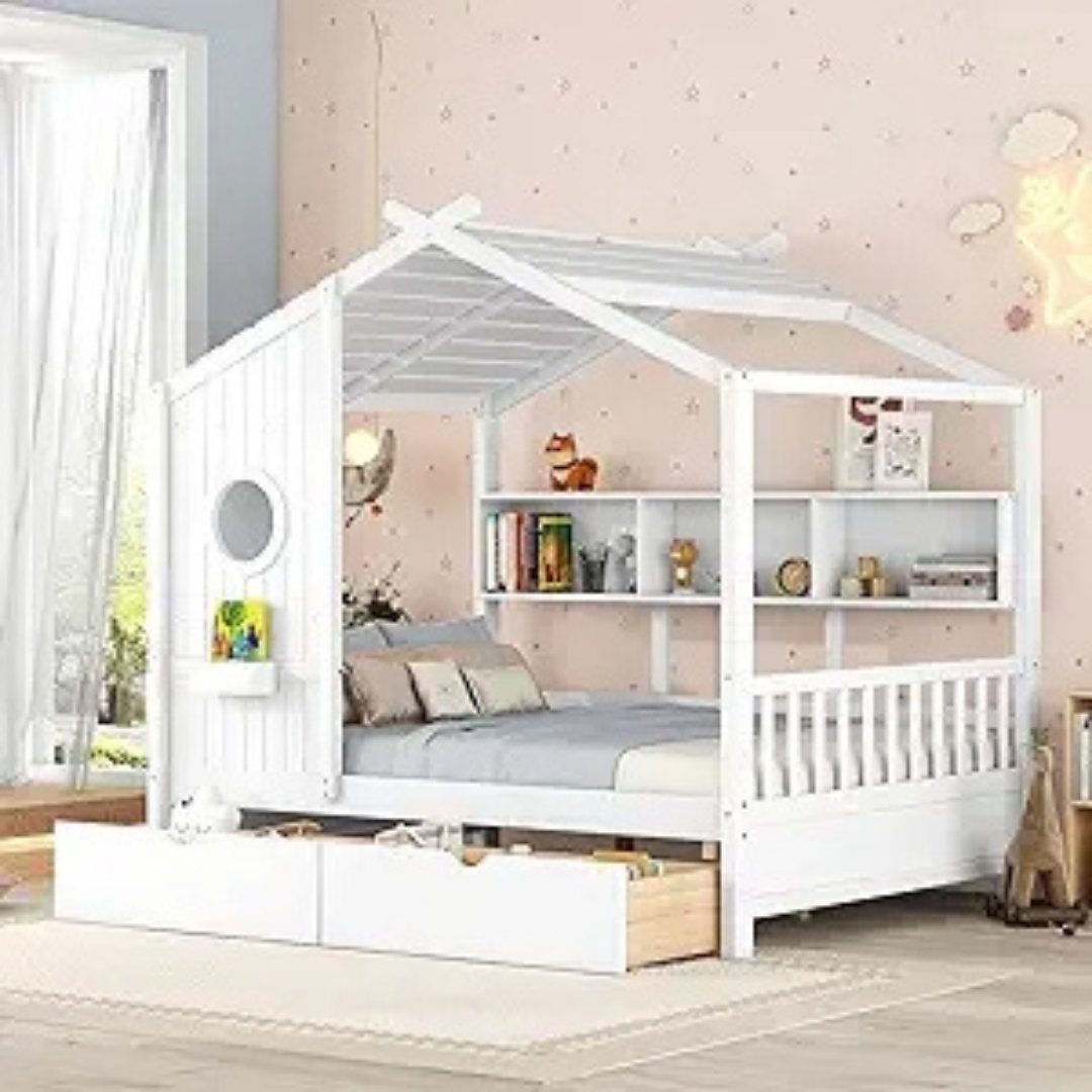 Full Size House Bed with Storage Drawers and Shelves, Wood Montessori House Bed Frame, Kids Playhouse Tent Bed - LearnLark Montessori