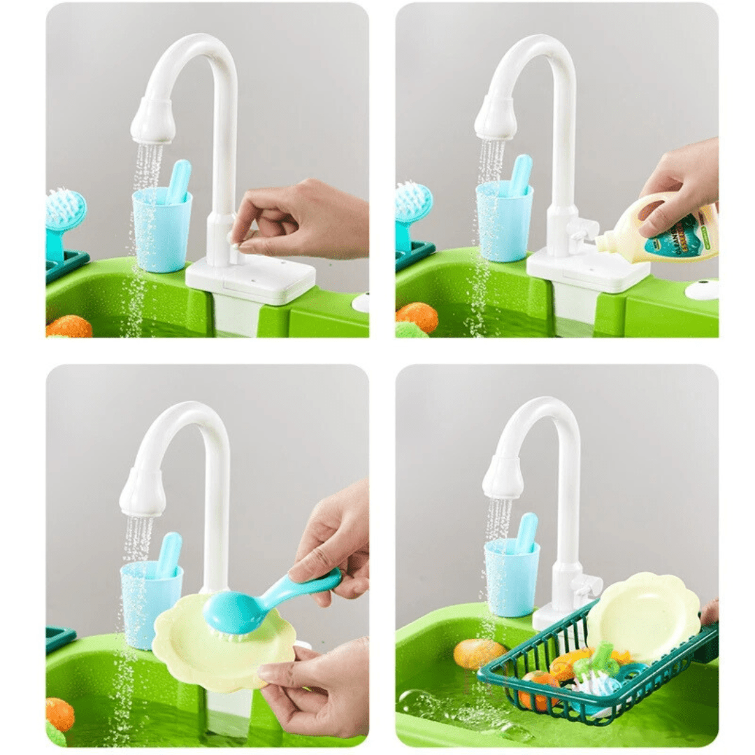 Montessori Kids Kitchen Sink Playset with Electric Dishwasher & Running Water Pretend Food - LearnLark Montessori