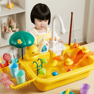 Montessori Kids Kitchen Sink Playset with Electric Dishwasher & Running Water Pretend Food - LearnLark Montessori