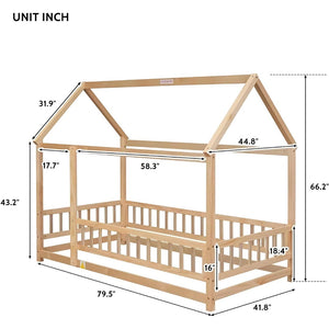 Montessori Twin Sized House Bed - Wooden Floor Bed with Fence & Roof - LearnLark Montessori