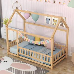 Montessori Twin Sized House Bed - Wooden Floor Bed with Fence & Roof - LearnLark Montessori