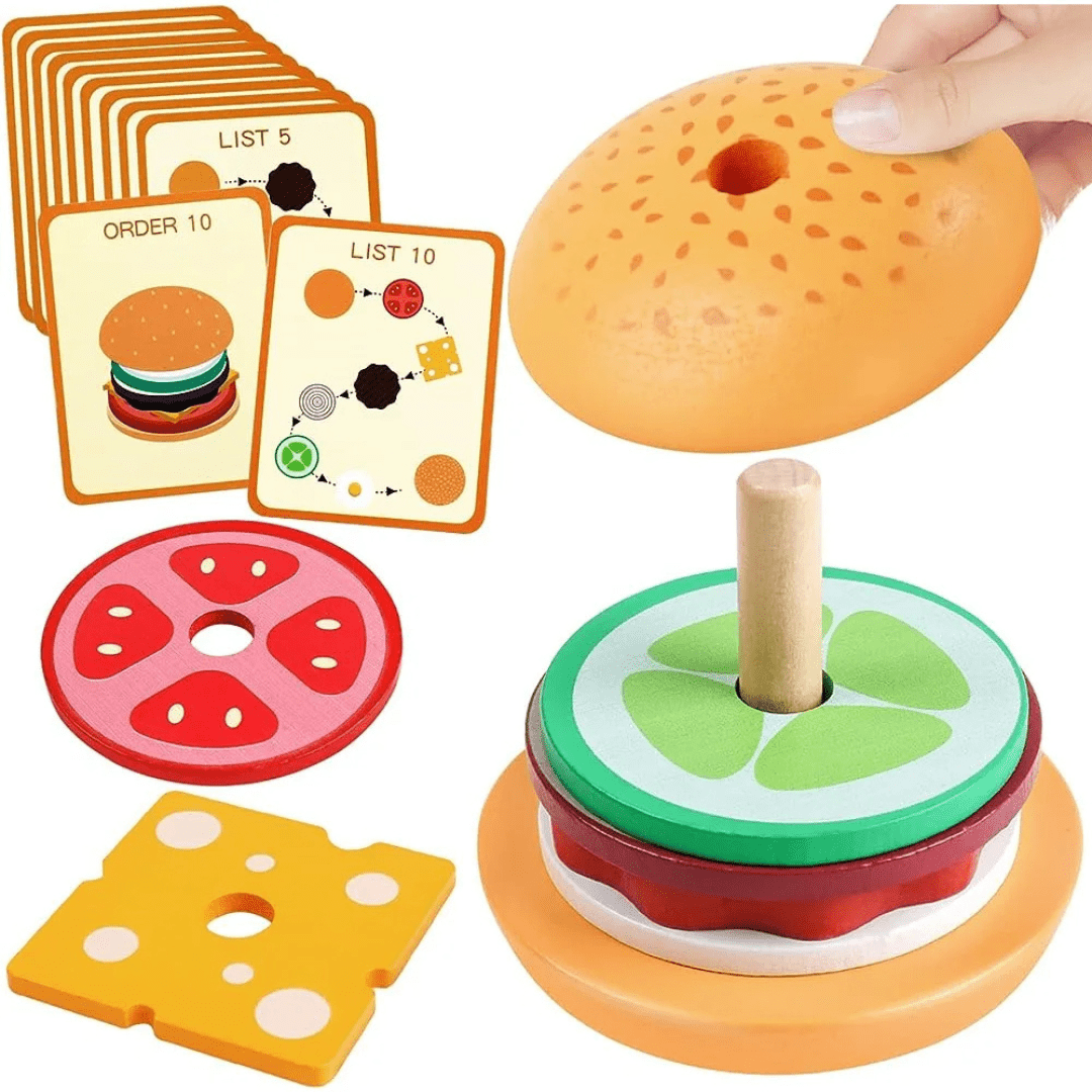 Montessori Wooden Burger Stacking Toy for Toddlers - Fine Motor & Educational Kitchen Play - LearnLark Montessori