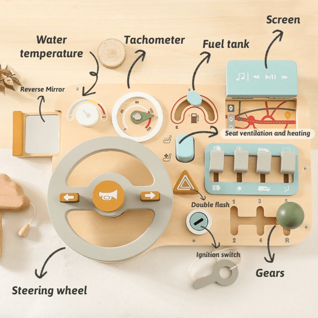 Montessori Wooden Steering Wheel Busy Board – Sensory Travel Toy for Toddlers - LearnLark Montessori