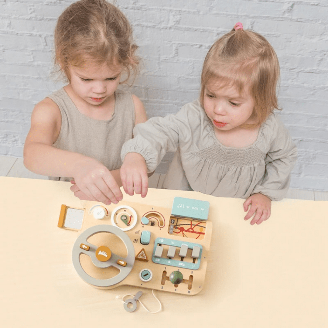 Montessori Wooden Steering Wheel Busy Board – Sensory Travel Toy for Toddlers - LearnLark Montessori