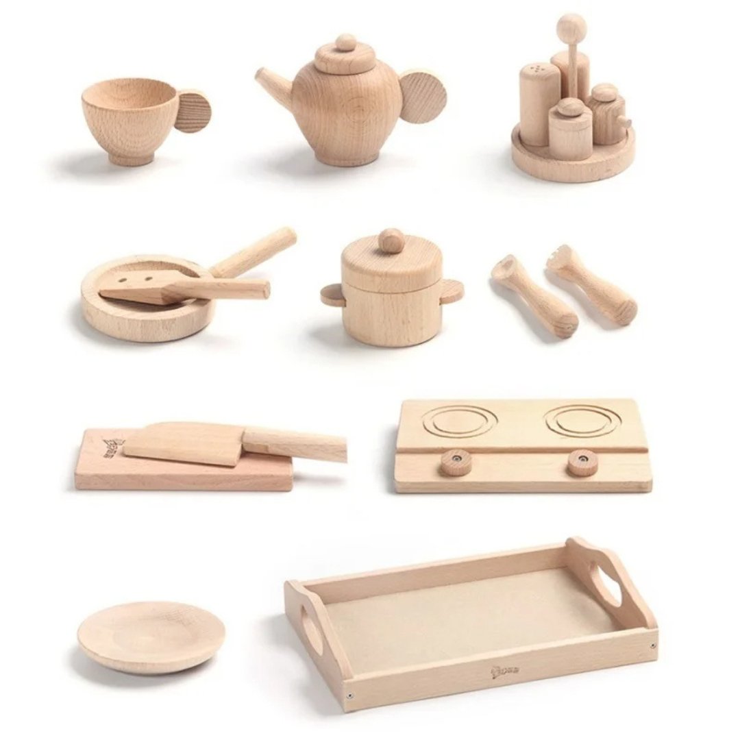 Solid Wood Girls' Play Kitchen Set - Beech Children's Kitchenware Toy - LearnLark Montessori