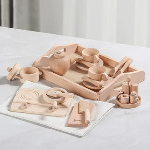 Solid Wood Girls' Play Kitchen Set - Beech Children's Kitchenware Toy - LearnLark Montessori