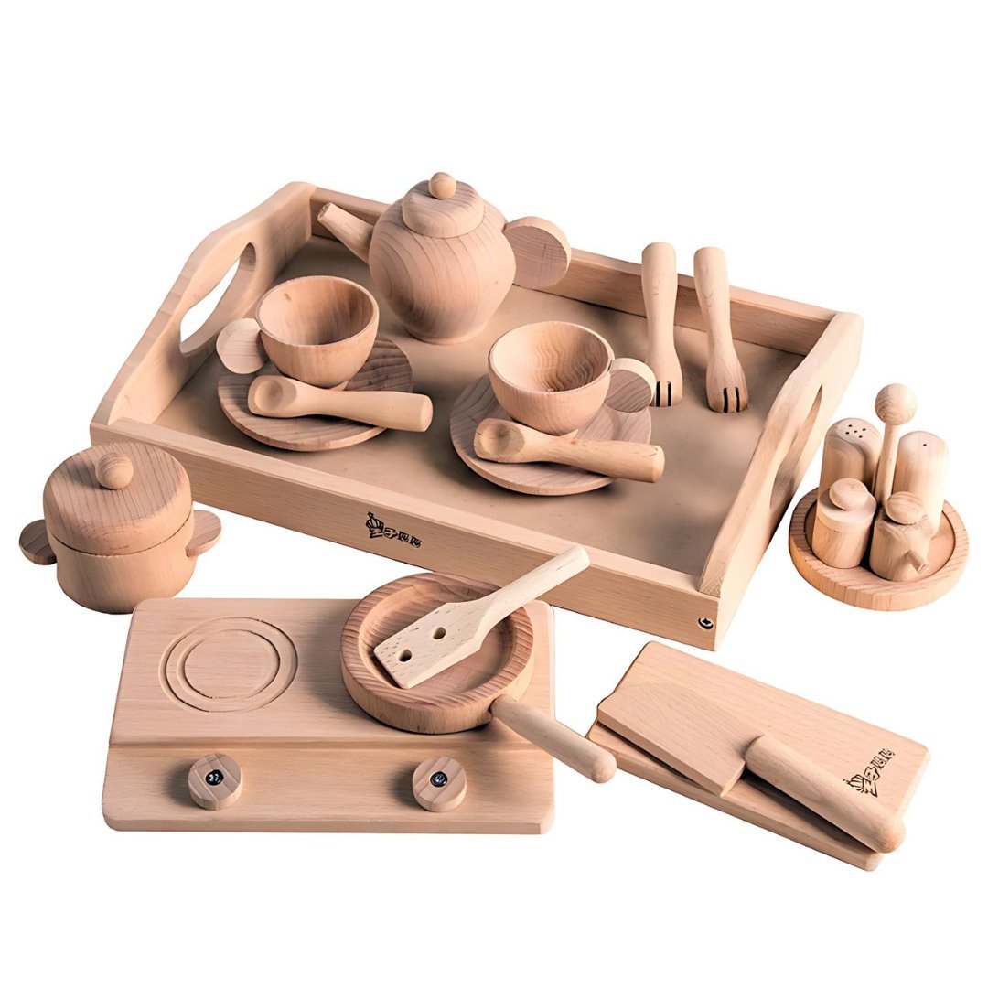 Wooden Kids Kitchen Set – Montessori Cooking Toys & Tea Pots Play Set - LearnLark Montessori