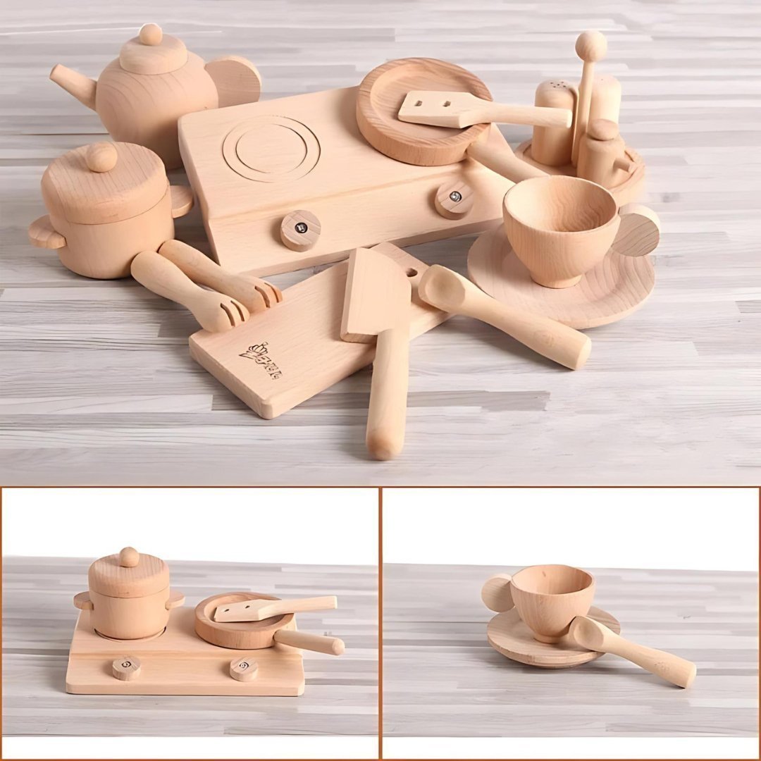 Wooden Kids Kitchen Set – Montessori Cooking Toys & Tea Pots Play Set - LearnLark Montessori